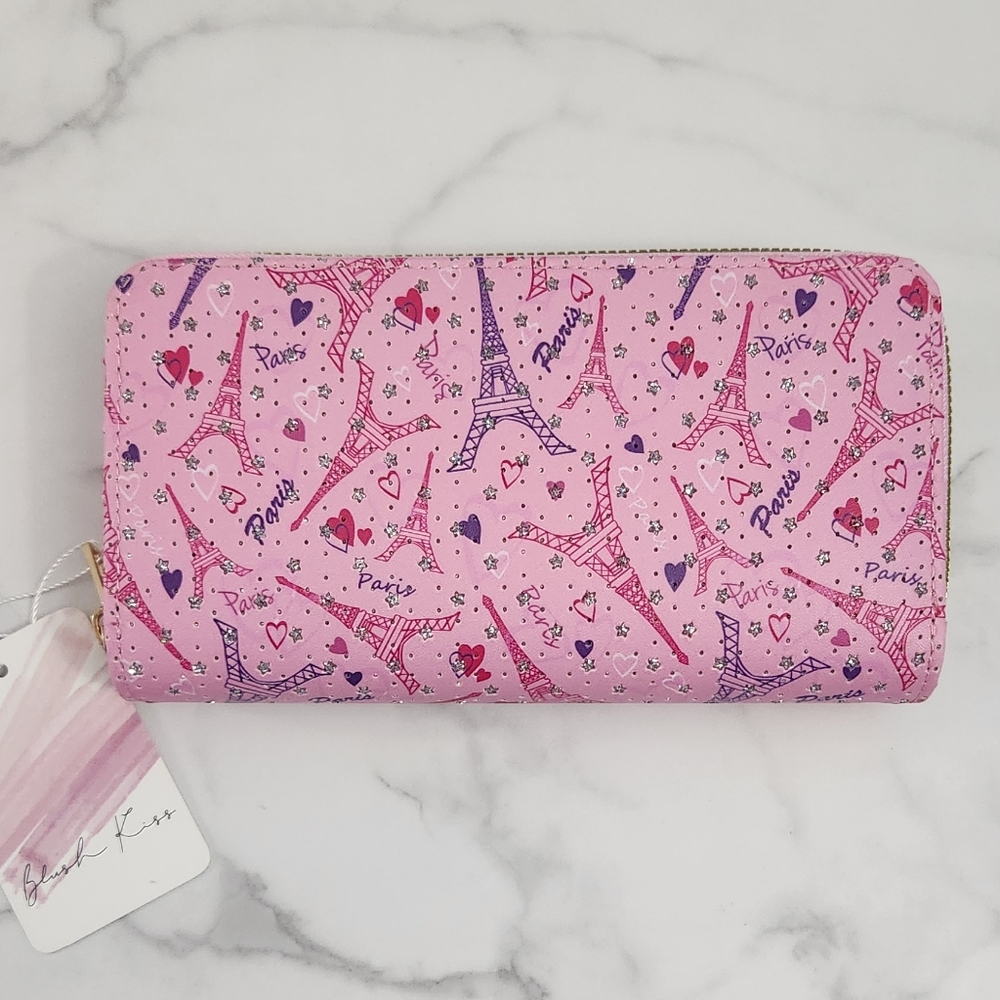 Pink Blush Kiss Glitter Paris Eiffel Tower Print Two Zipper Women's Wallet - Picture 4 of 14